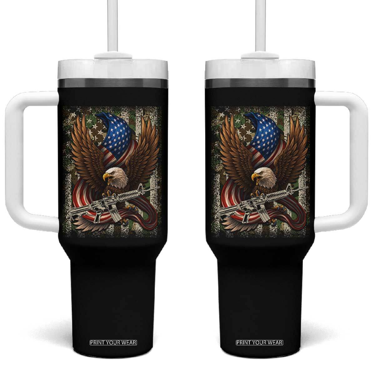 Patriotic Armed Eagle with Camo Flag Tumbler With Handle Military Patriotic USA Defense TS02 One Size: 40 oz Black Print Your Wear