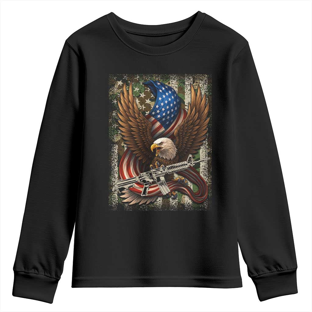 Patriotic Armed Eagle with Camo Flag Youth Sweatshirt Military Patriotic USA Defense TS02 Black Print Your Wear