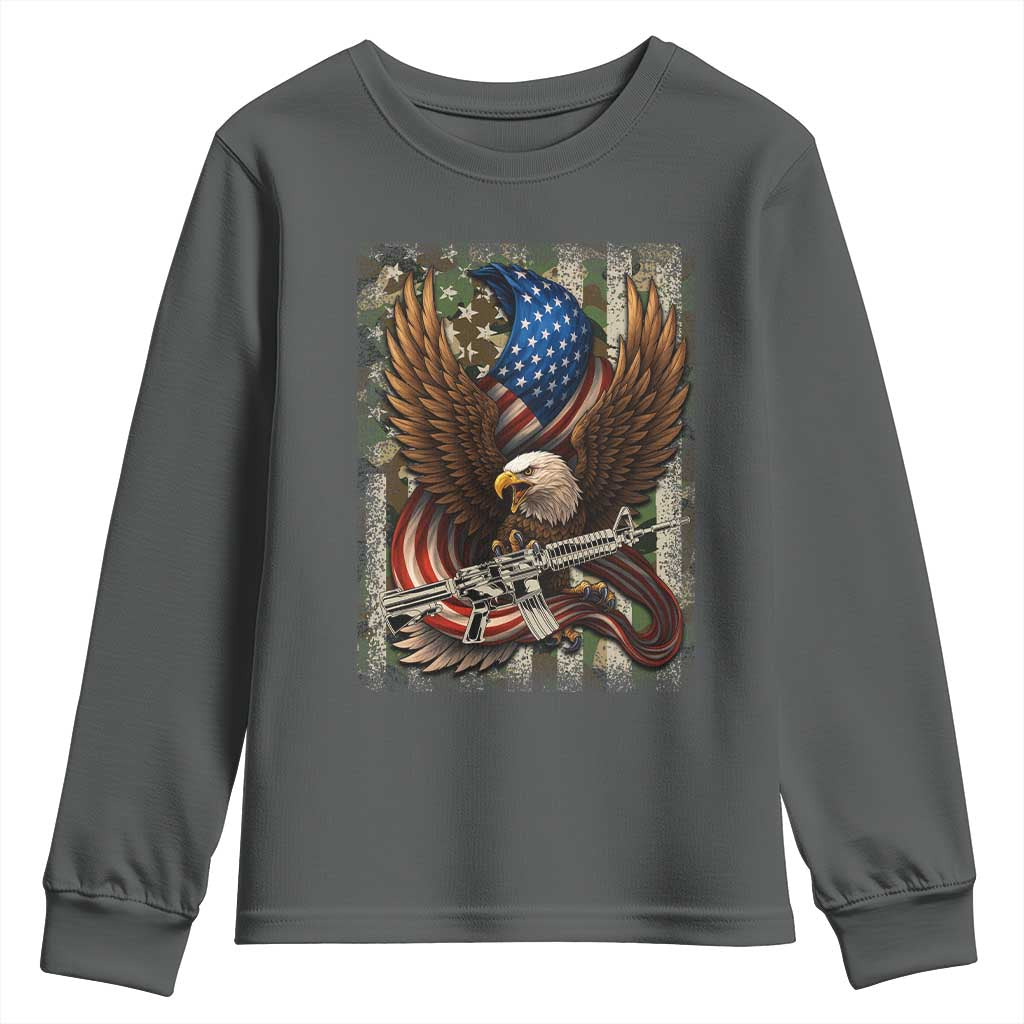 Patriotic Armed Eagle with Camo Flag Youth Sweatshirt Military Patriotic USA Defense TS02 Dark Heather Print Your Wear