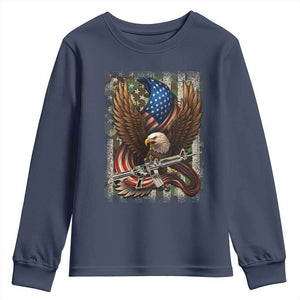 Patriotic Armed Eagle with Camo Flag Youth Sweatshirt Military Patriotic USA Defense TS02 Navy Print Your Wear