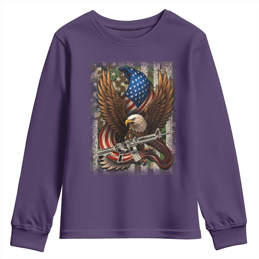 Patriotic Armed Eagle with Camo Flag Youth Sweatshirt Military Patriotic USA Defense TS02 Purple Print Your Wear
