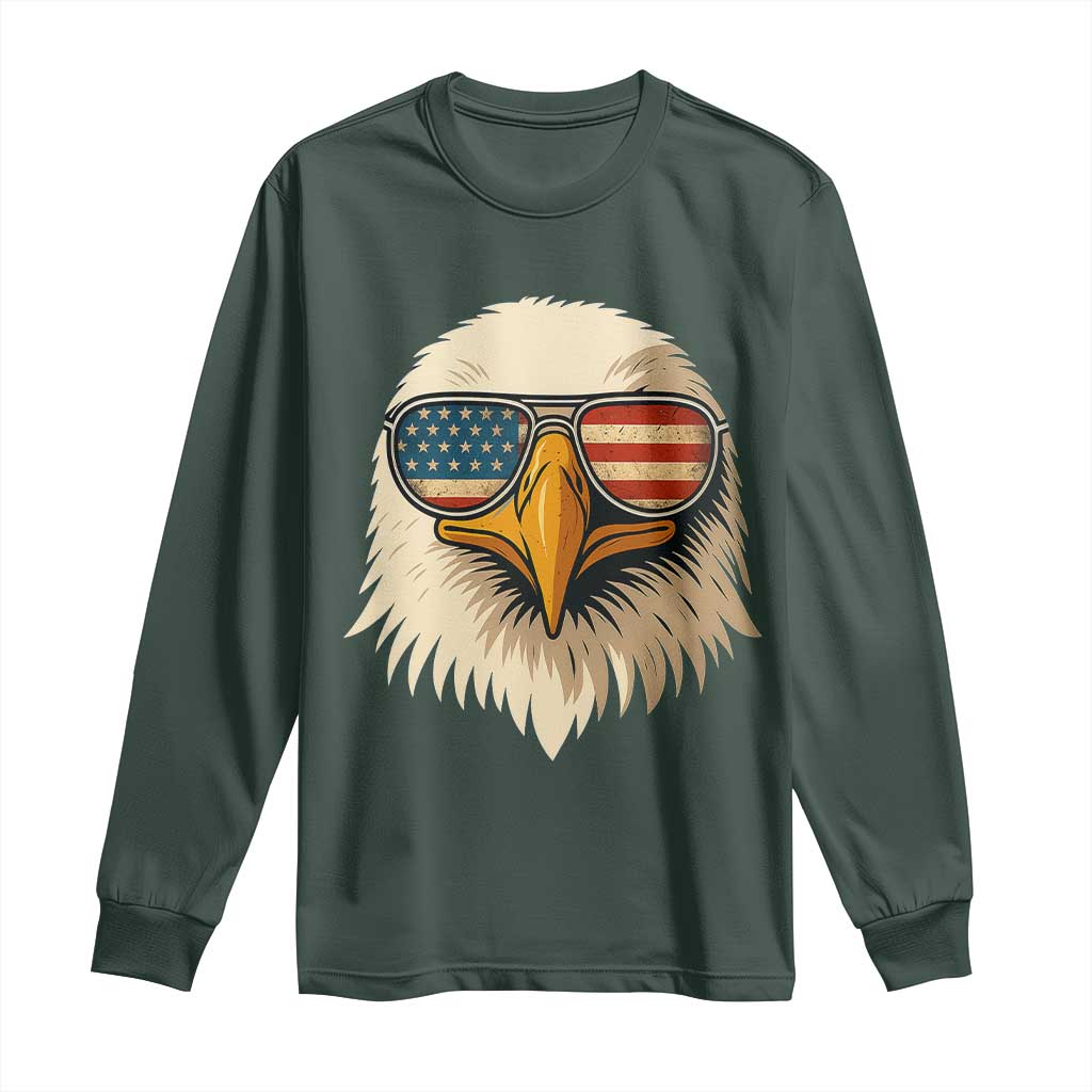 Patriotic Bald Eagle Long Sleeve Shirt With Sunglasses American Flag Vintage TS02 Dark Forest Green Print Your Wear