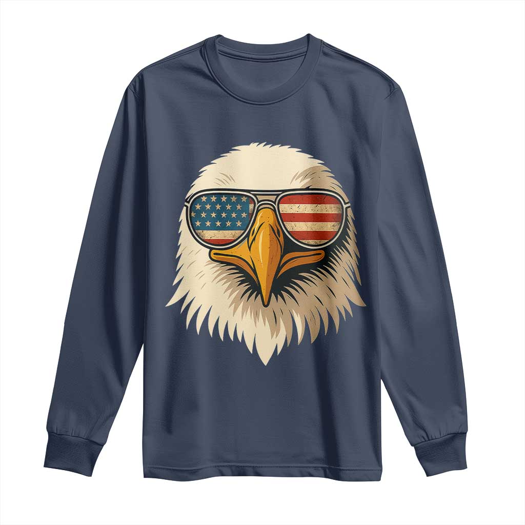 Patriotic Bald Eagle Long Sleeve Shirt With Sunglasses American Flag Vintage TS02 Navy Print Your Wear