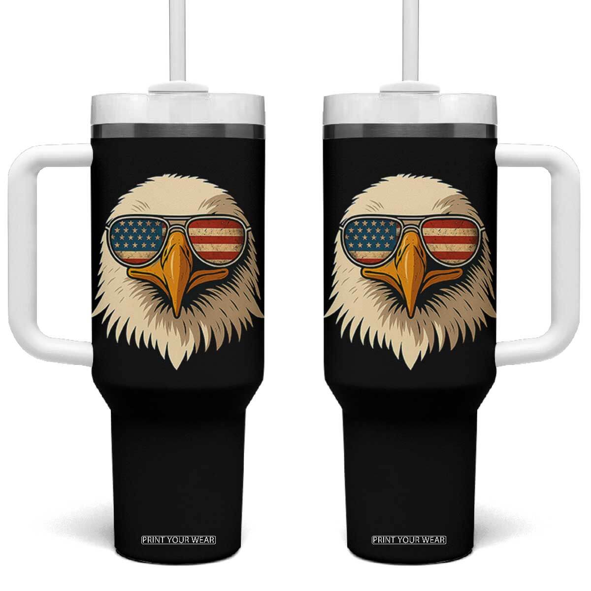 Patriotic Bald Eagle Tumbler With Handle With Sunglasses American Flag Vintage TS02 One Size: 40 oz Black Print Your Wear