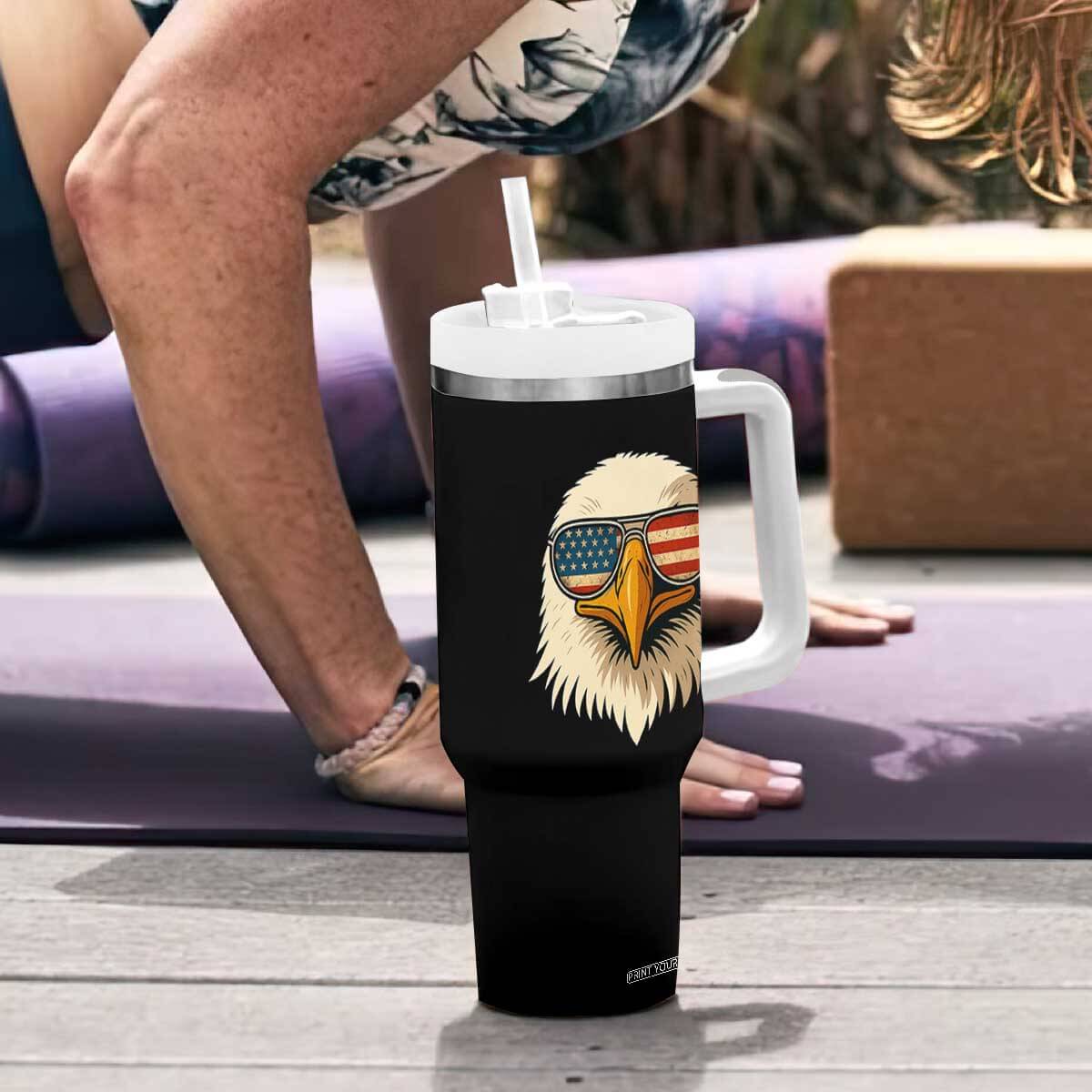 Patriotic Bald Eagle Tumbler With Handle With Sunglasses American Flag Vintage TS02 Print Your Wear