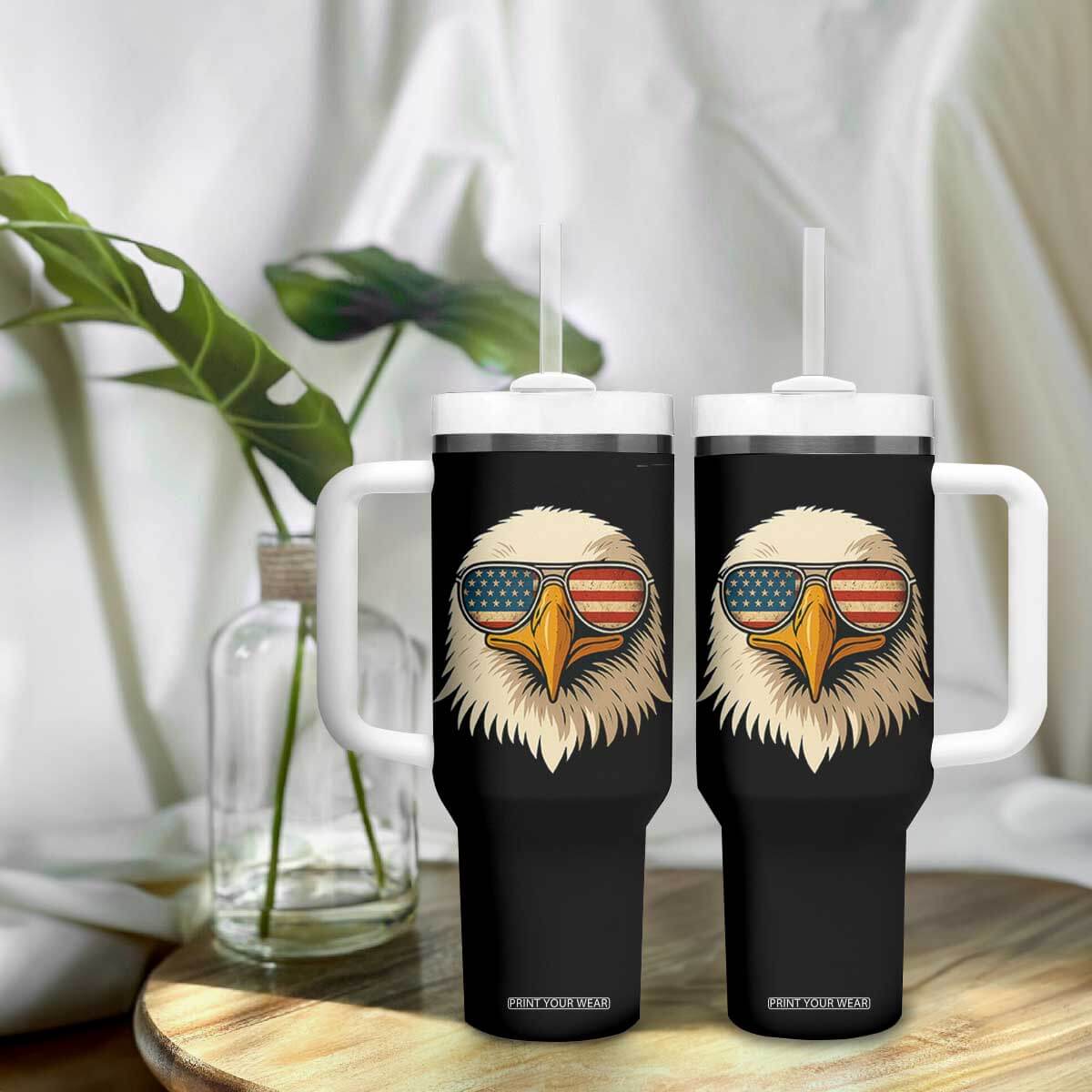 Patriotic Bald Eagle Tumbler With Handle With Sunglasses American Flag Vintage TS02 Print Your Wear