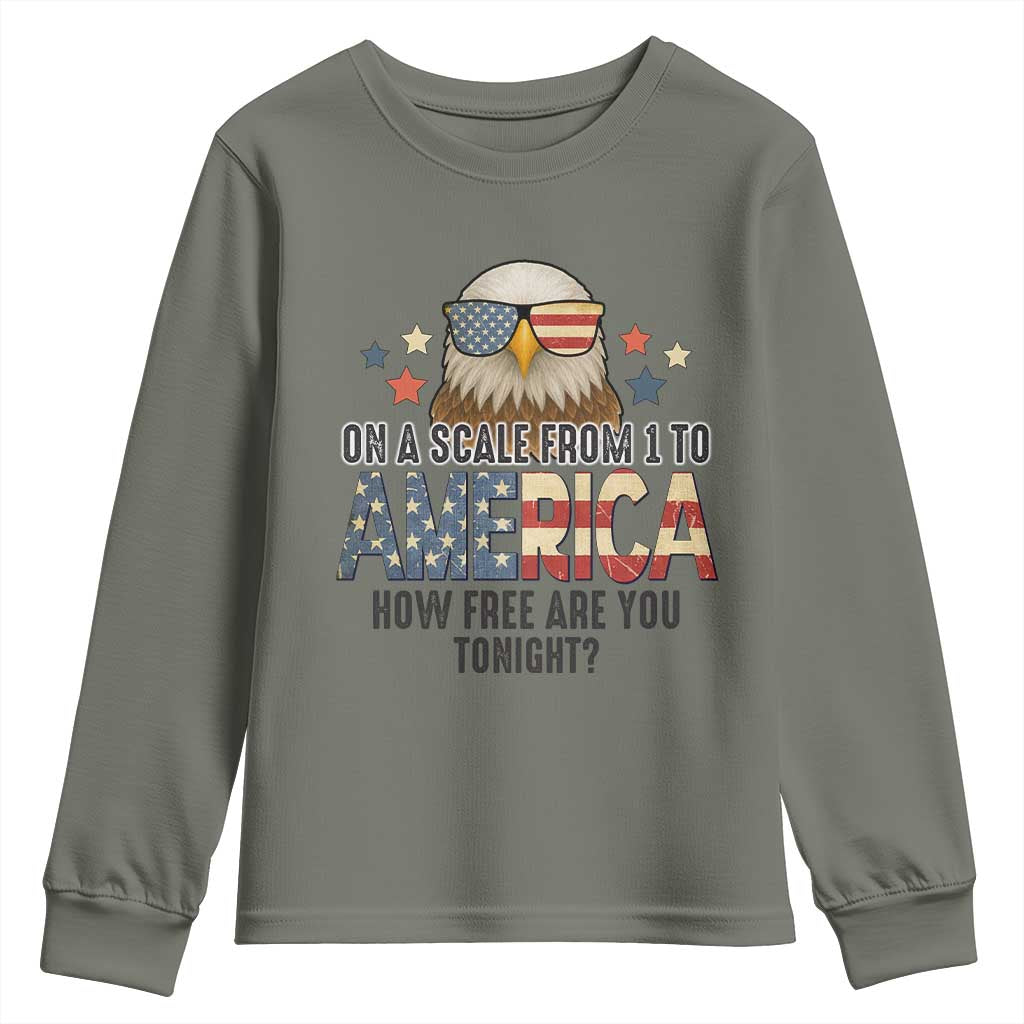 Patriotic Bald Eagle Youth Sweatshirt How Free Are You Tonight 4th of July TS02 Military Green Print Your Wear