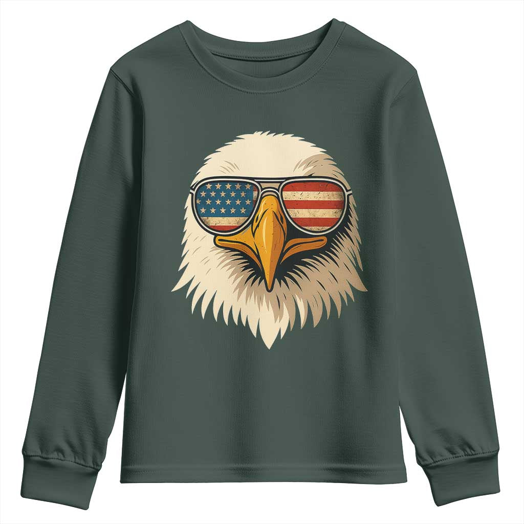 Patriotic Bald Eagle Youth Sweatshirt With Sunglasses American Flag Vintage TS02 Dark Forest Green Print Your Wear