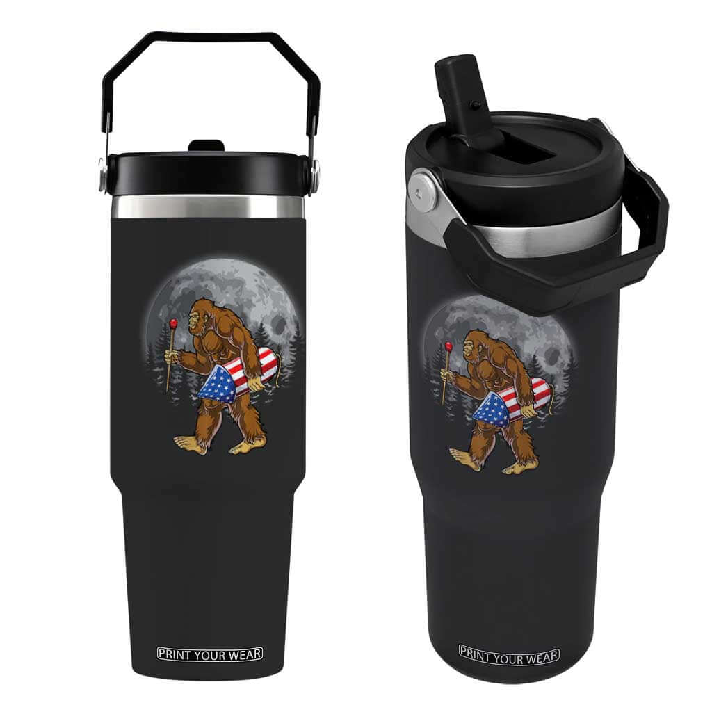 Patriotic Bigfoot 4th of July Flip Straw Tumbler American Flag Merica Fireworks Sasquatch Moon TS10 One Size: 30 oz Black Print Your Wear