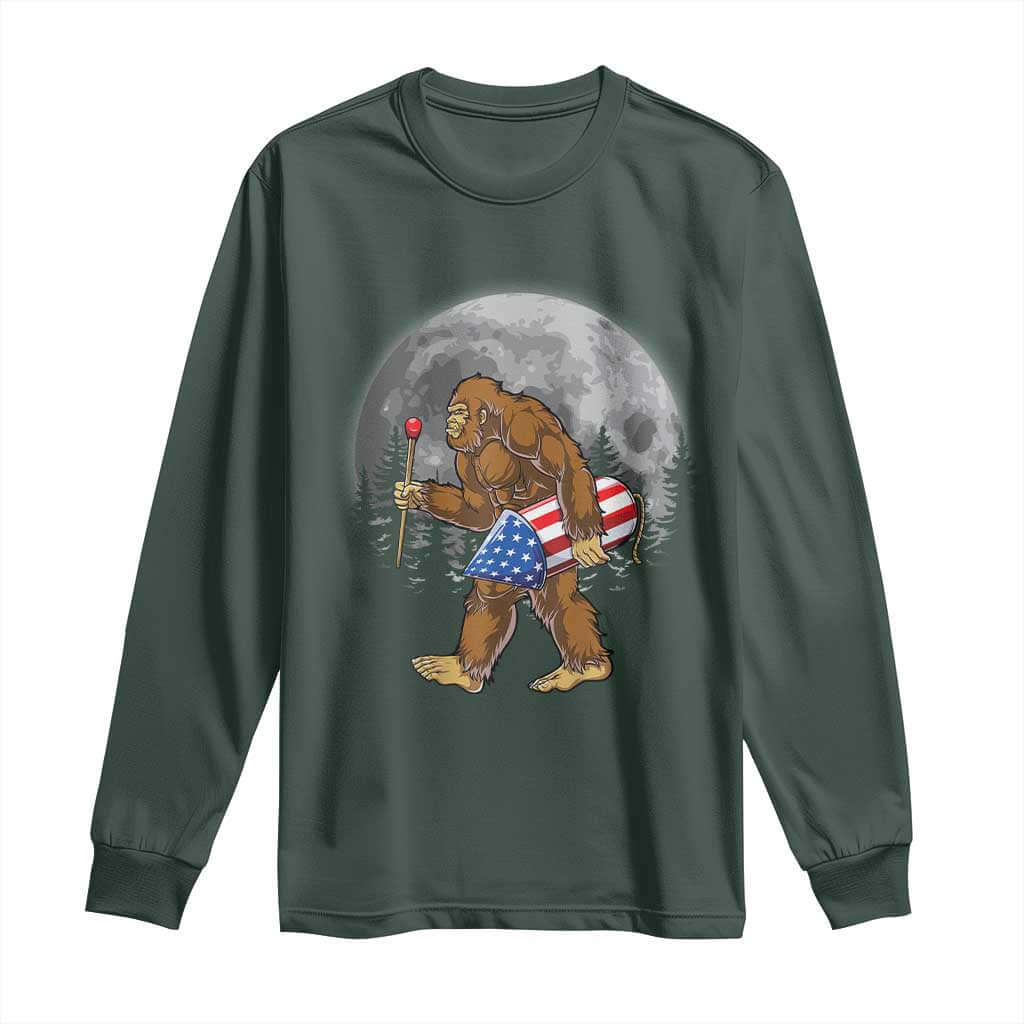 Patriotic Bigfoot 4th of July Long Sleeve Shirt American Flag Merica Fireworks Sasquatch Moon TS10 Dark Forest Green Print Your Wear