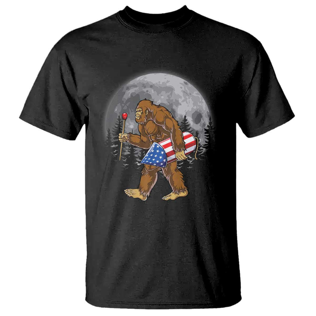 Patriotic Bigfoot 4th of July T Shirt American Flag Merica Fireworks Sasquatch Moon TS10 Black Print Your Wear