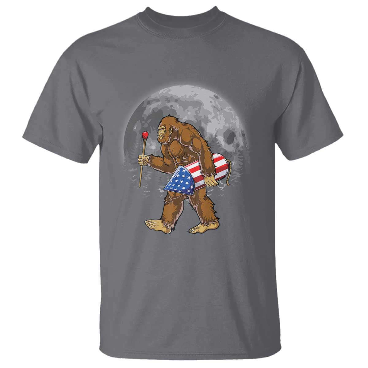 Patriotic Bigfoot 4th of July T Shirt American Flag Merica Fireworks Sasquatch Moon TS10 Charcoal Print Your Wear