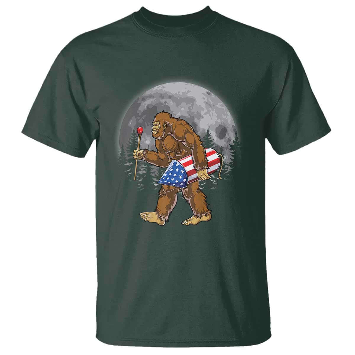 Patriotic Bigfoot 4th of July T Shirt American Flag Merica Fireworks Sasquatch Moon TS10 Dark Forest Green Print Your Wear
