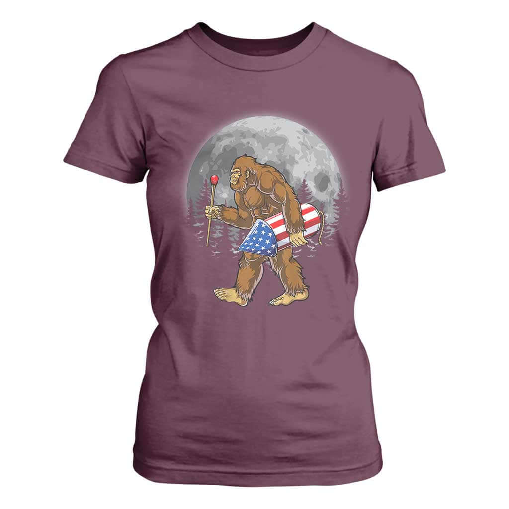 Patriotic Bigfoot 4th of July T Shirt For Women American Flag Merica Fireworks Sasquatch Moon TS10 Maroon Print Your Wear