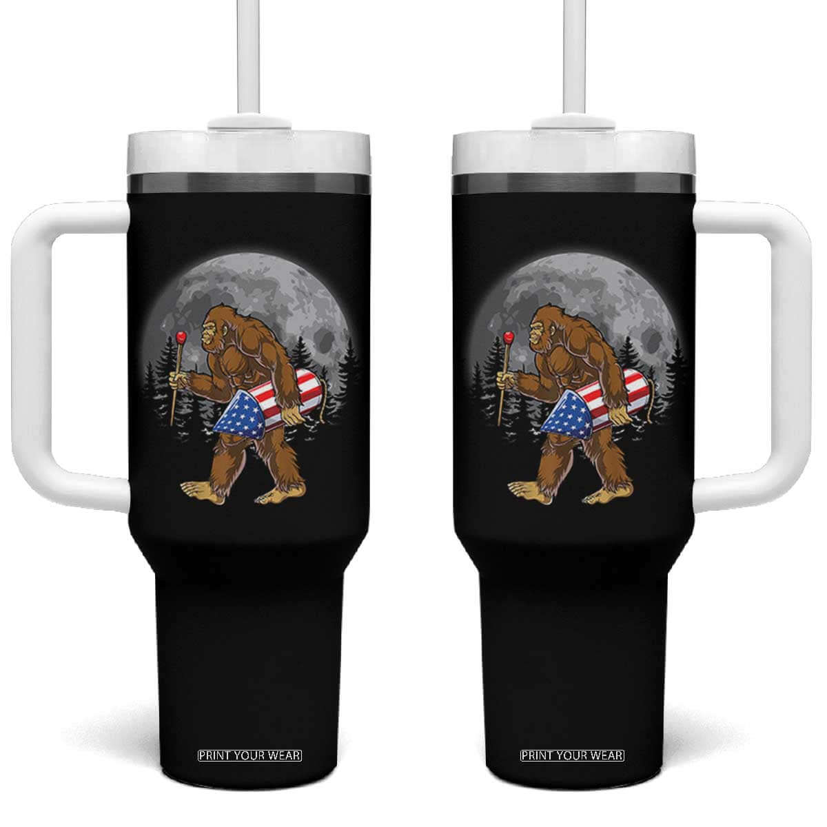Patriotic Bigfoot 4th of July Tumbler With Handle American Flag Merica Fireworks Sasquatch Moon TS10 One Size: 40 oz Black Print Your Wear