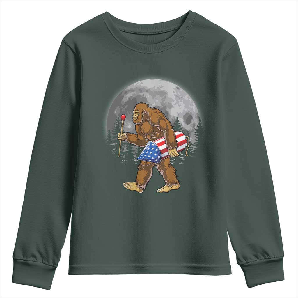 Patriotic Bigfoot 4th of July Youth Sweatshirt American Flag Merica Fireworks Sasquatch Moon TS10 Dark Forest Green Print Your Wear