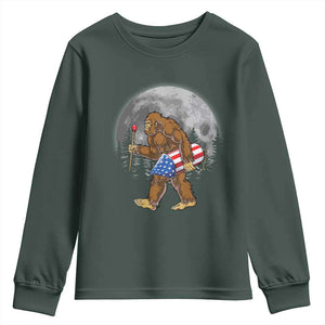 Patriotic Bigfoot 4th of July Youth Sweatshirt American Flag Merica Fireworks Sasquatch Moon TS10 Dark Forest Green Print Your Wear