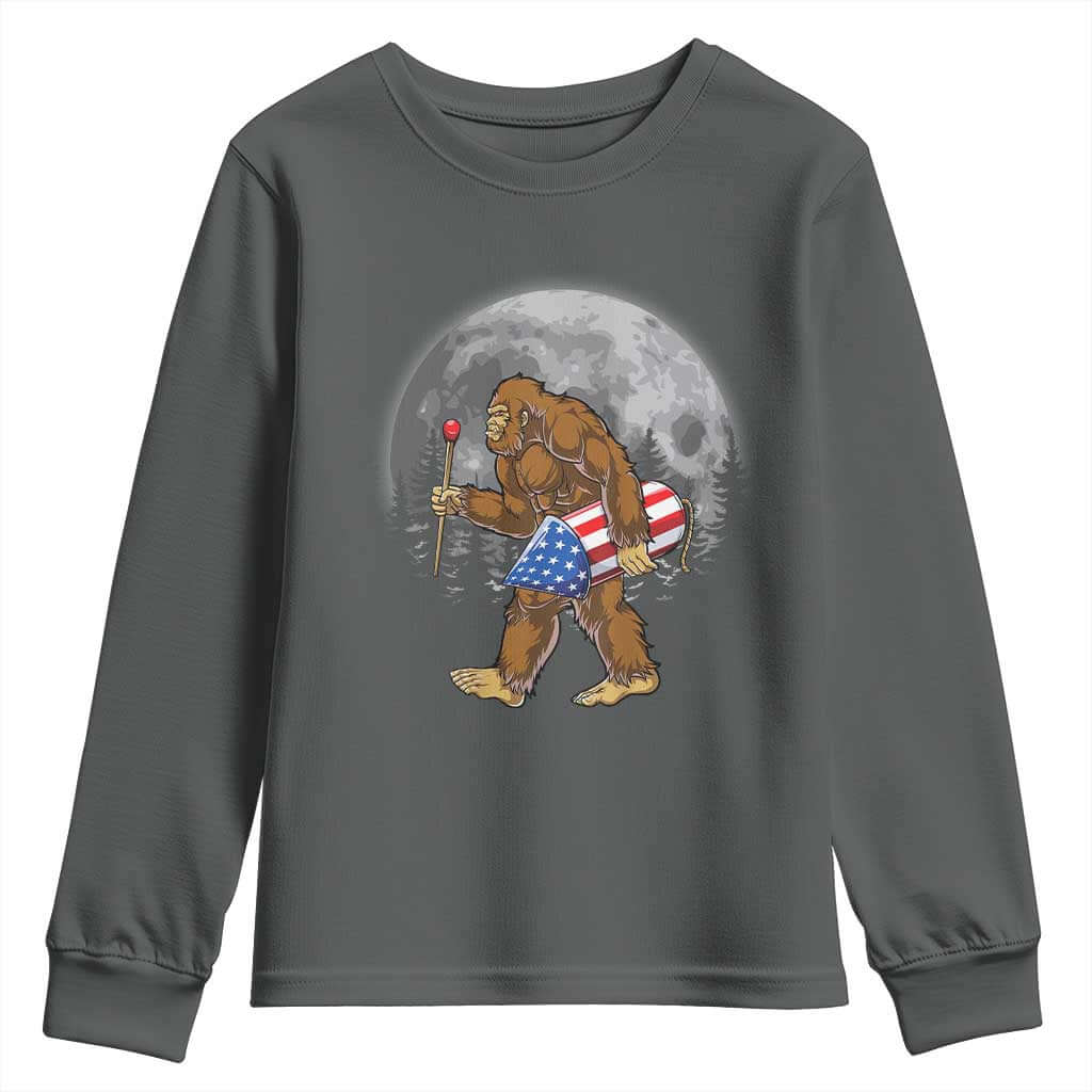 Patriotic Bigfoot 4th of July Youth Sweatshirt American Flag Merica Fireworks Sasquatch Moon TS10 Dark Heather Print Your Wear