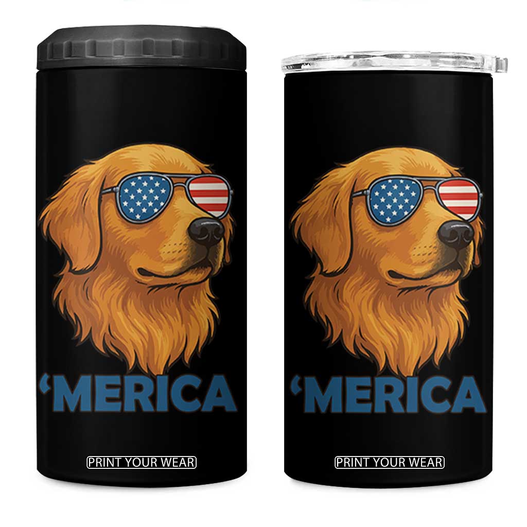 Patriotic Dog 'Merica 4 in 1 Can Cooler Tumbler Golden Retriever Sunglasses Funny 4th Of July TS02 One Size: 16 oz Black Print Your Wear