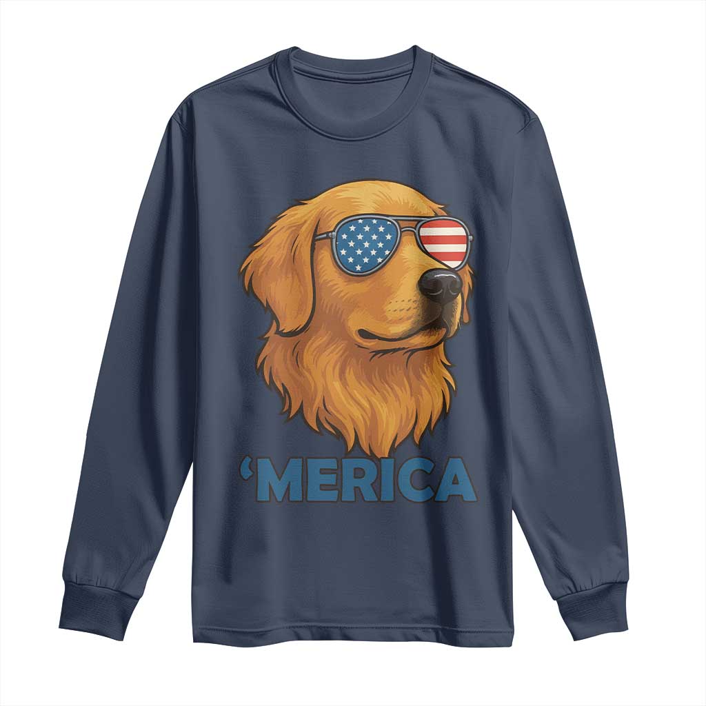 Patriotic Dog 'Merica Long Sleeve Shirt Golden Retriever Sunglasses Funny 4th Of July TS02 Navy Print Your Wear