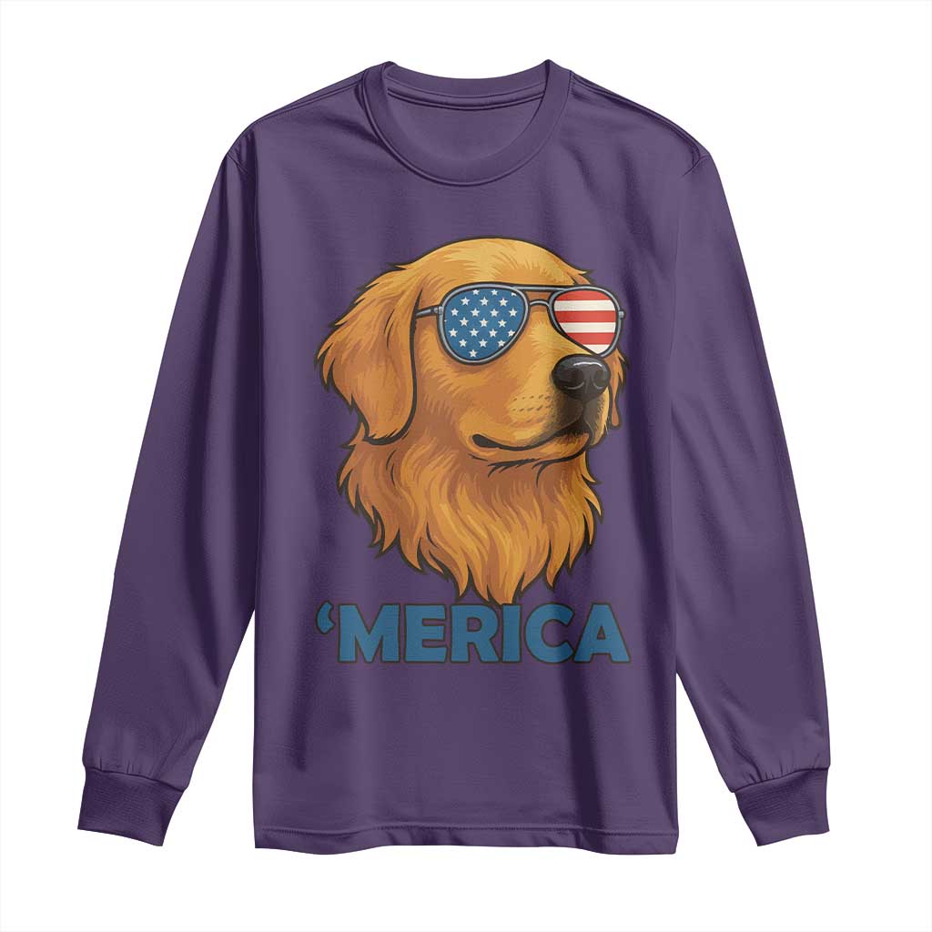 Patriotic Dog 'Merica Long Sleeve Shirt Golden Retriever Sunglasses Funny 4th Of July TS02 Purple Print Your Wear