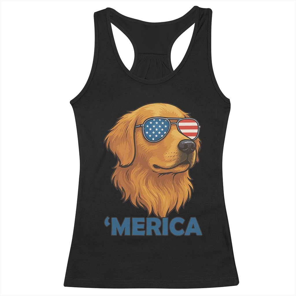 Patriotic Dog 'Merica Racerback Tank Top Golden Retriever Sunglasses Funny 4th Of July TS02 Black Print Your Wear