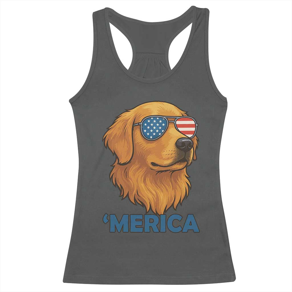 Patriotic Dog 'Merica Racerback Tank Top Golden Retriever Sunglasses Funny 4th Of July TS02 Dark Heather Print Your Wear
