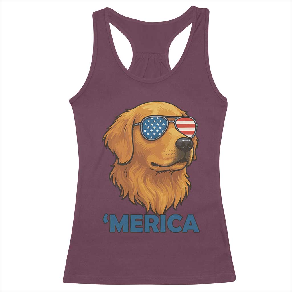 Patriotic Dog 'Merica Racerback Tank Top Golden Retriever Sunglasses Funny 4th Of July TS02 Maroon Print Your Wear