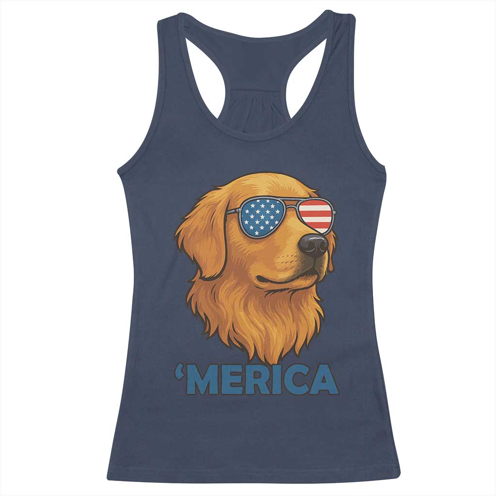 Patriotic Dog 'Merica Racerback Tank Top Golden Retriever Sunglasses Funny 4th Of July TS02 Navy Print Your Wear