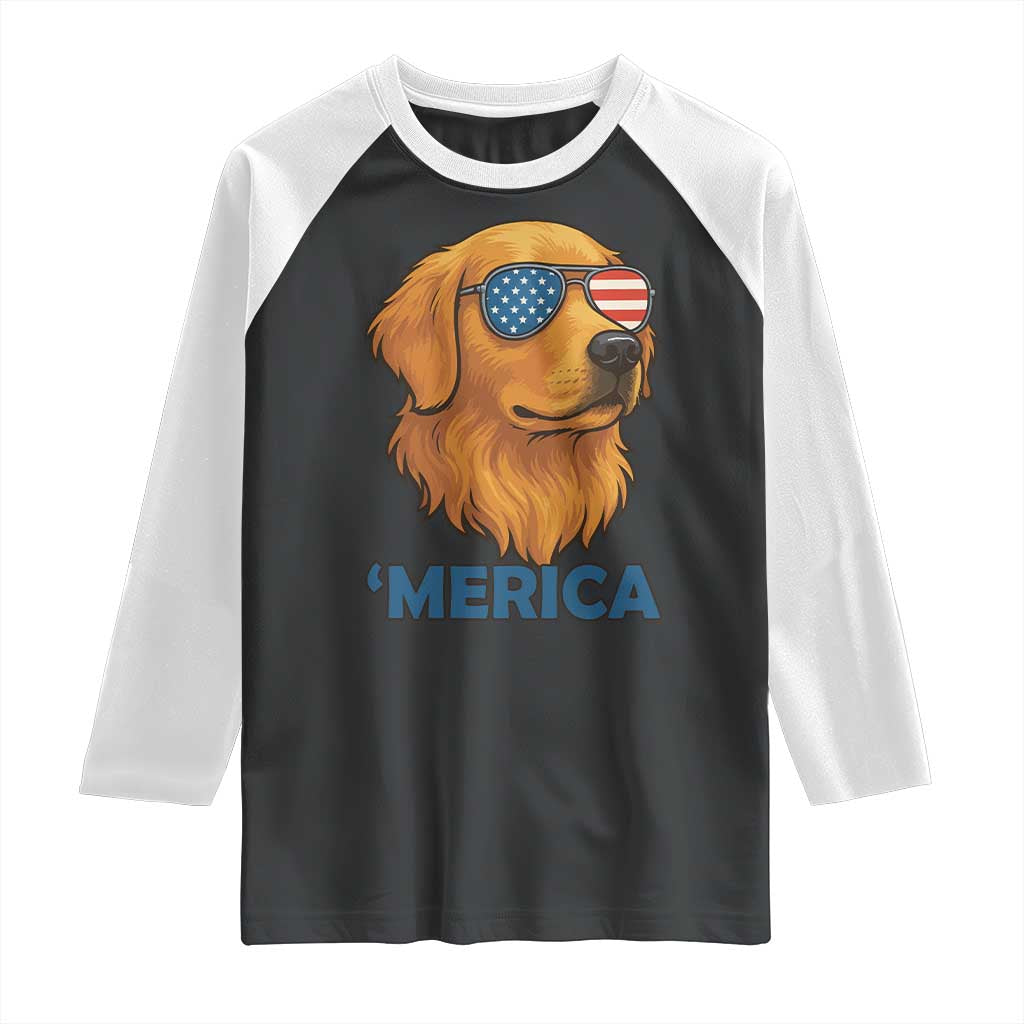 Patriotic Dog 'Merica Raglan Shirt Golden Retriever Sunglasses Funny 4th Of July TS02 Black White Print Your Wear