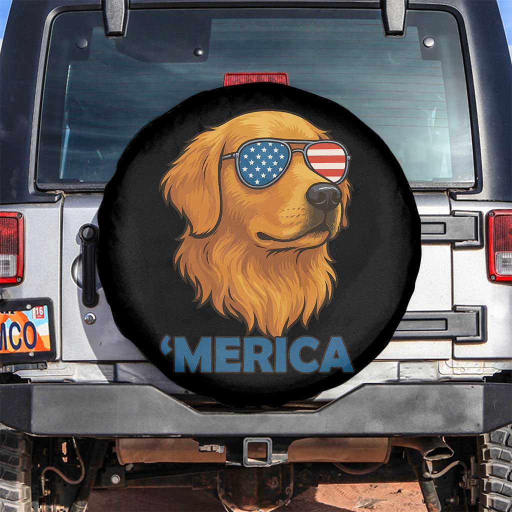 Patriotic Dog 'Merica Spare Tire Cover Golden Retriever Sunglasses Funny 4th Of July TS02 No hole Black Print Your Wear
