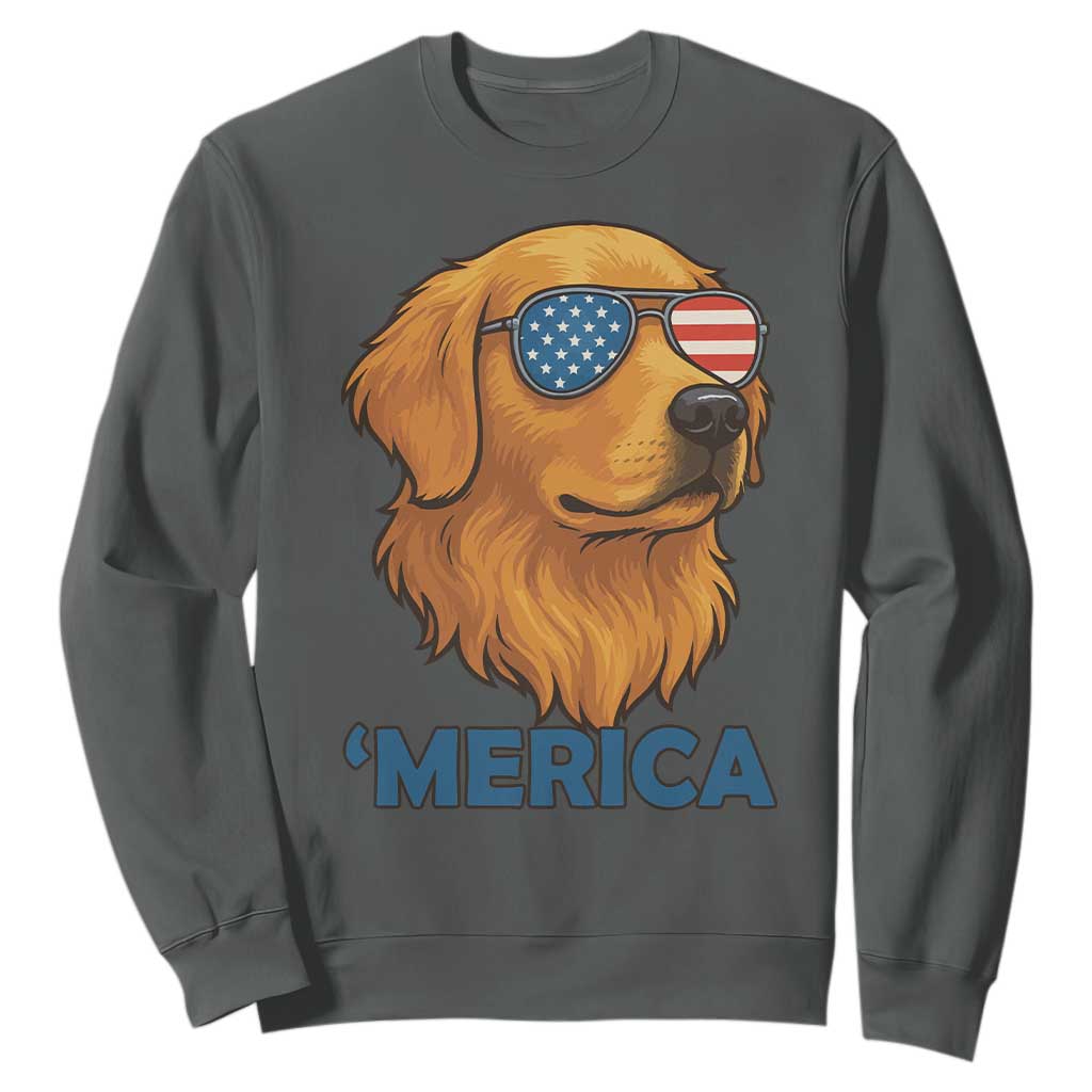 Patriotic Dog 'Merica Sweatshirt Golden Retriever Sunglasses Funny 4th Of July TS02 Dark Heather Print Your Wear