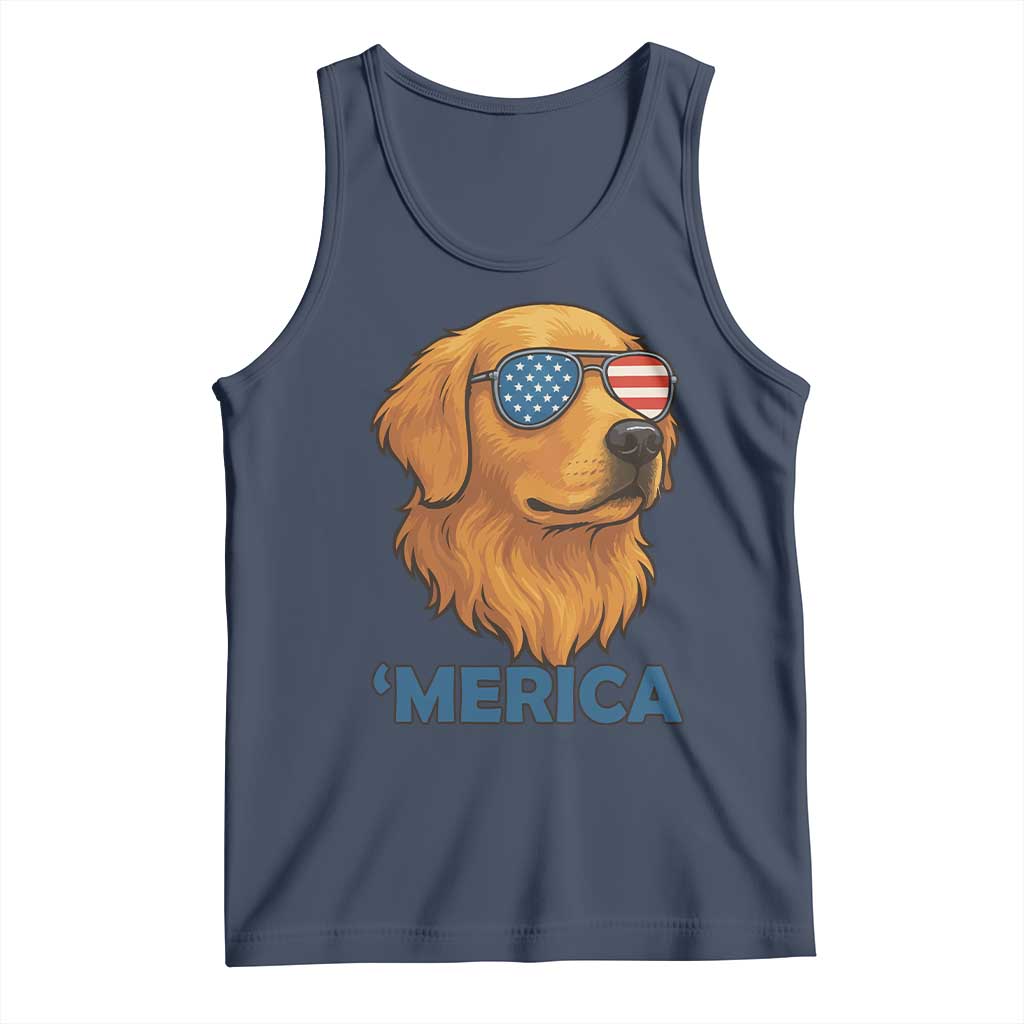 Patriotic Dog 'Merica Tank Top Golden Retriever Sunglasses Funny 4th Of July TS02 Navy Print Your Wear