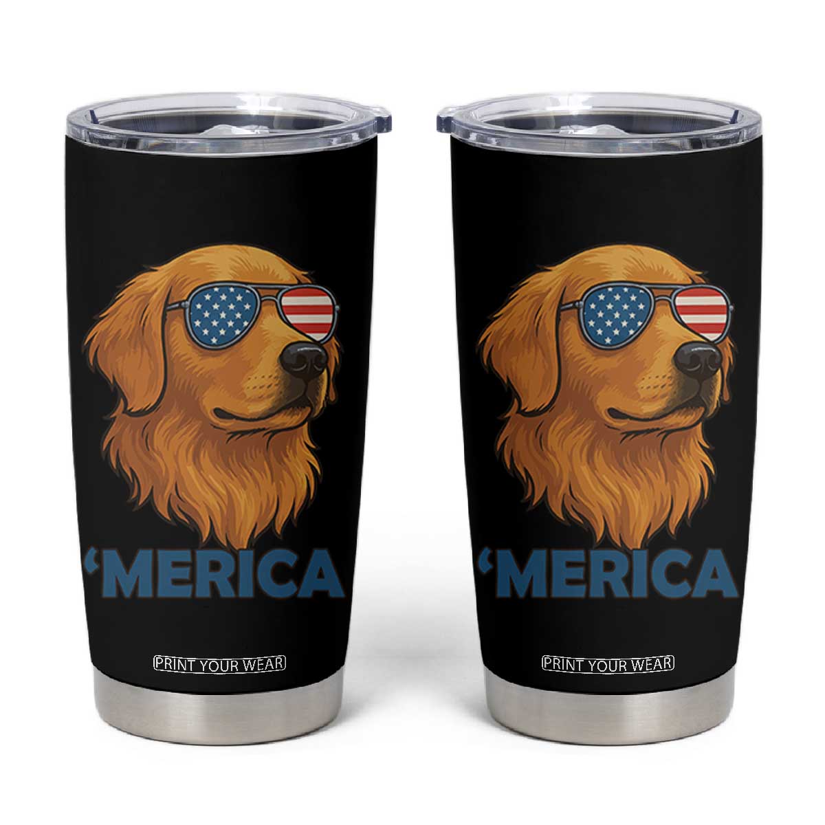 Patriotic Dog 'Merica Tumbler Cup Golden Retriever Sunglasses Funny 4th Of July TS02 Black Print Your Wear