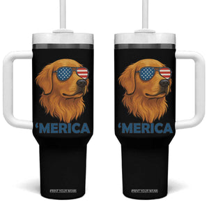 Patriotic Dog 'Merica Tumbler With Handle Golden Retriever Sunglasses Funny 4th Of July TS02 One Size: 40 oz Black Print Your Wear