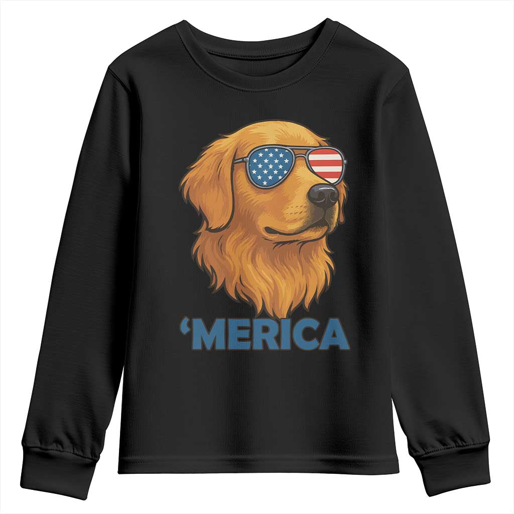Patriotic Dog 'Merica Youth Sweatshirt Golden Retriever Sunglasses Funny 4th Of July TS02 Black Print Your Wear