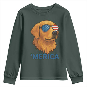 Patriotic Dog 'Merica Youth Sweatshirt Golden Retriever Sunglasses Funny 4th Of July TS02 Dark Forest Green Print Your Wear