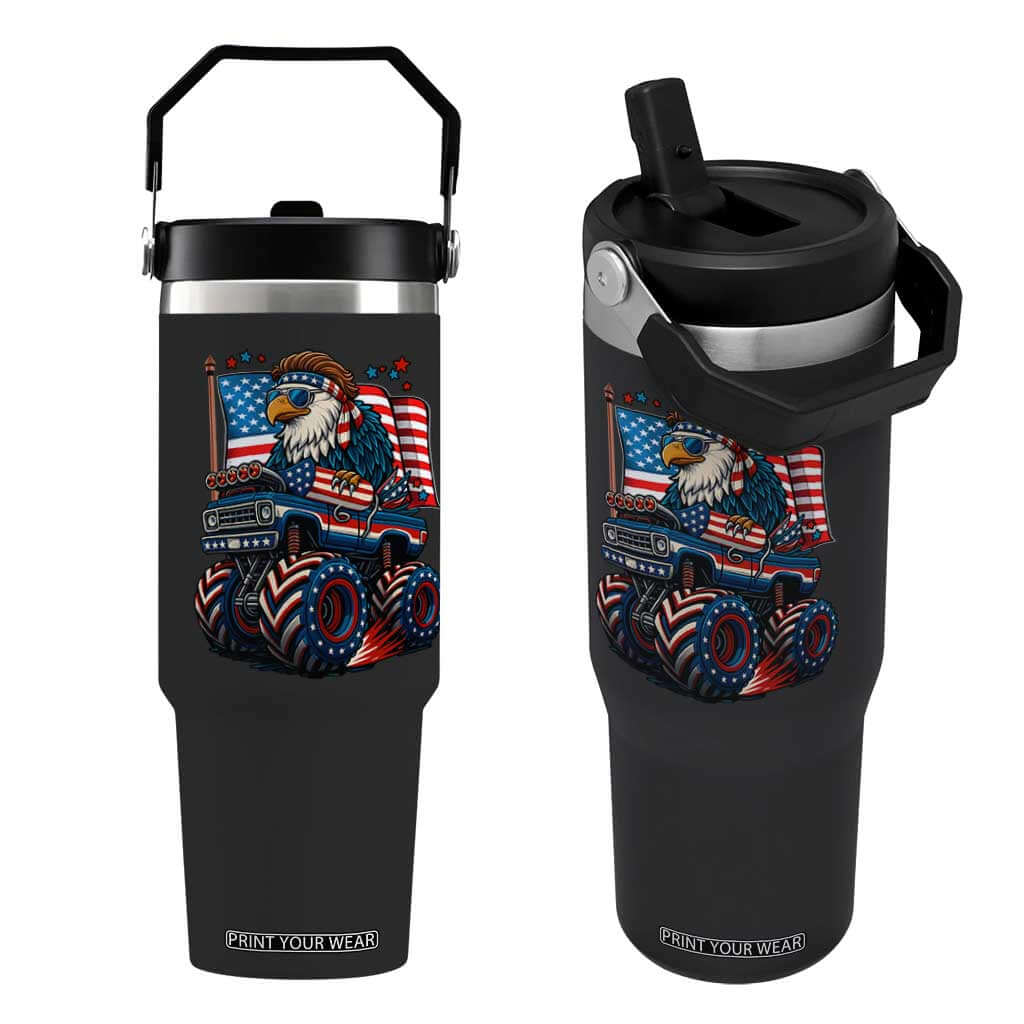 Patriotic Eagle Driving Monster Truck Flip Straw Tumbler 4th of July USA Flag Freedom TS02 One Size: 30 oz Black Print Your Wear