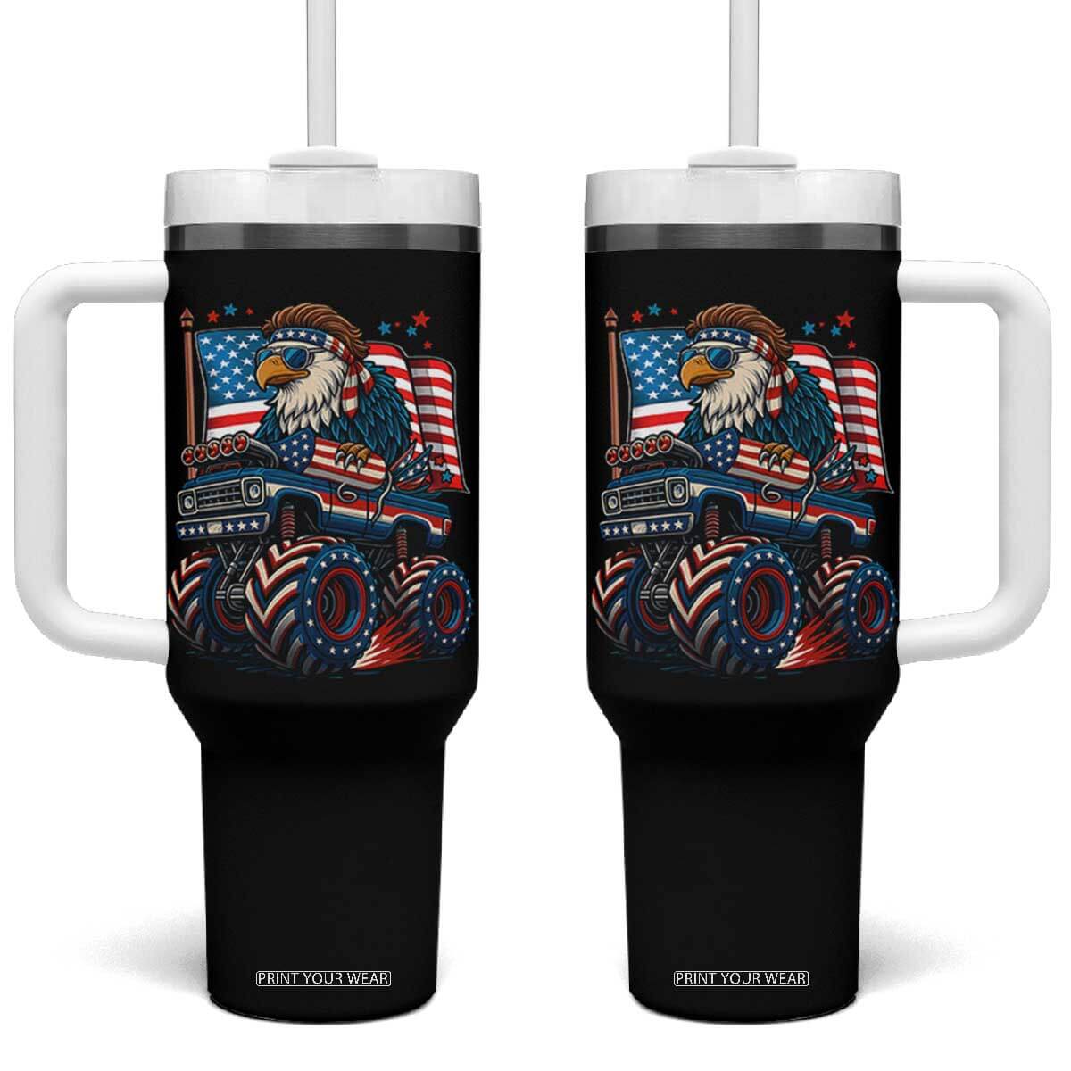 Patriotic Eagle Driving Monster Truck Tumbler With Handle 4th of July USA Flag Freedom TS02 One Size: 40 oz Black Print Your Wear
