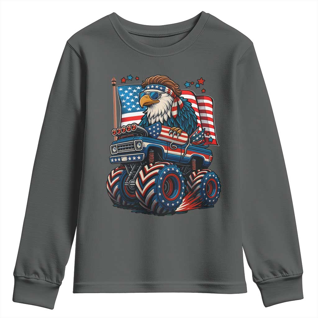 Patriotic Eagle Driving Monster Truck Youth Sweatshirt 4th of July USA Flag Freedom TS02 Dark Heather Print Your Wear