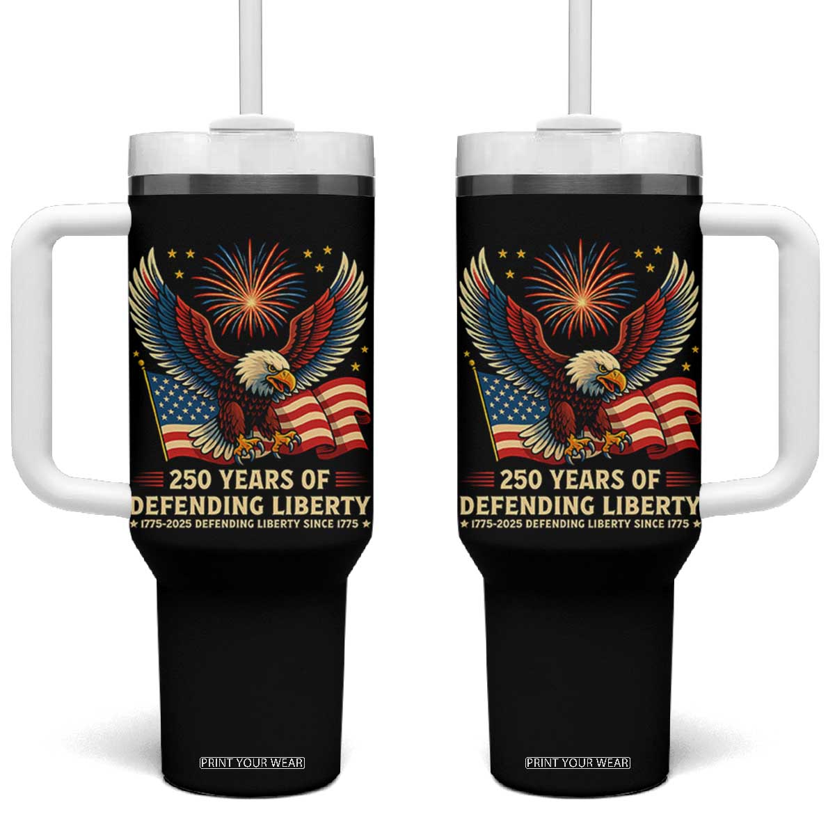 Patriotic Eagle US Army 250th Anniversary Tumbler With Handle 250 Years of Defending Liberty 1775 2025 TS02 One Size: 40 oz Black Print Your Wear