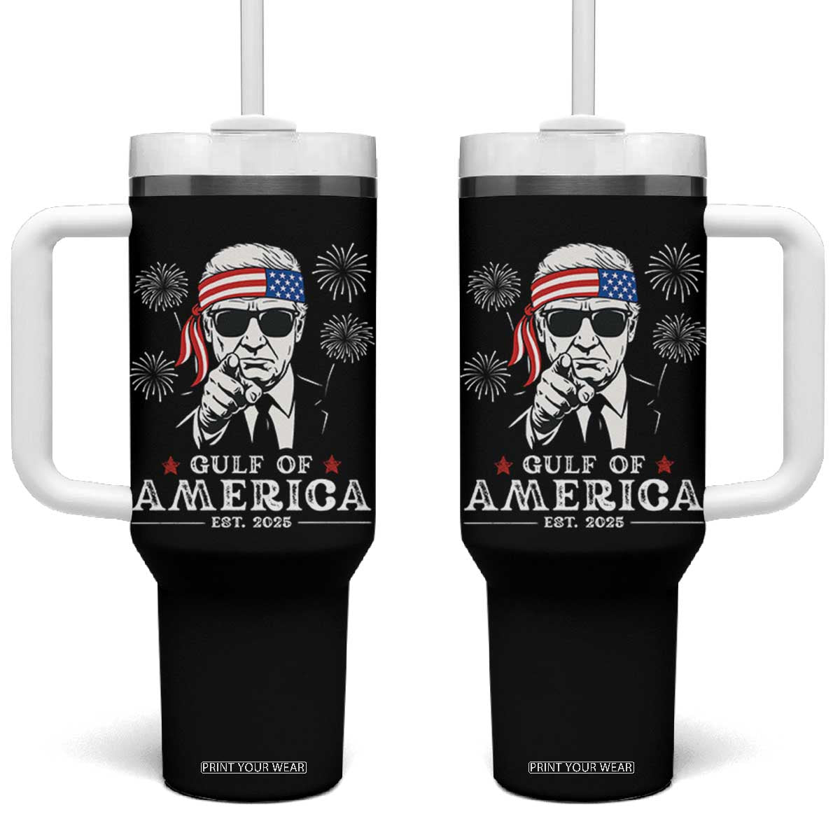 Patriotic Gulf Of USA Est 2025 Tumbler With Handle Funny Trump Happy 4th Of July TS02 One Size: 40 oz Black Print Your Wear
