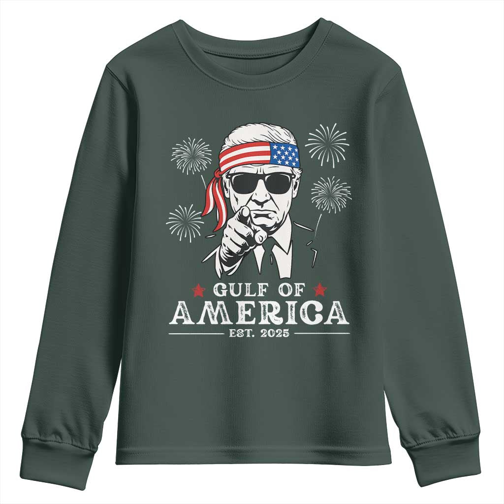 Patriotic Gulf Of USA Est 2025 Youth Sweatshirt Funny Trump Happy 4th Of July TS02 Dark Forest Green Print Your Wear