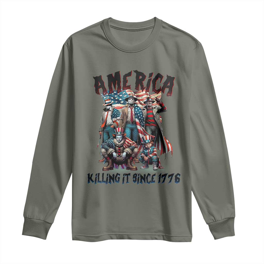Patriotic Horror Mashup Long Sleeve Shirt America Killing It Since 1776 TS02 Military Green Print Your Wear