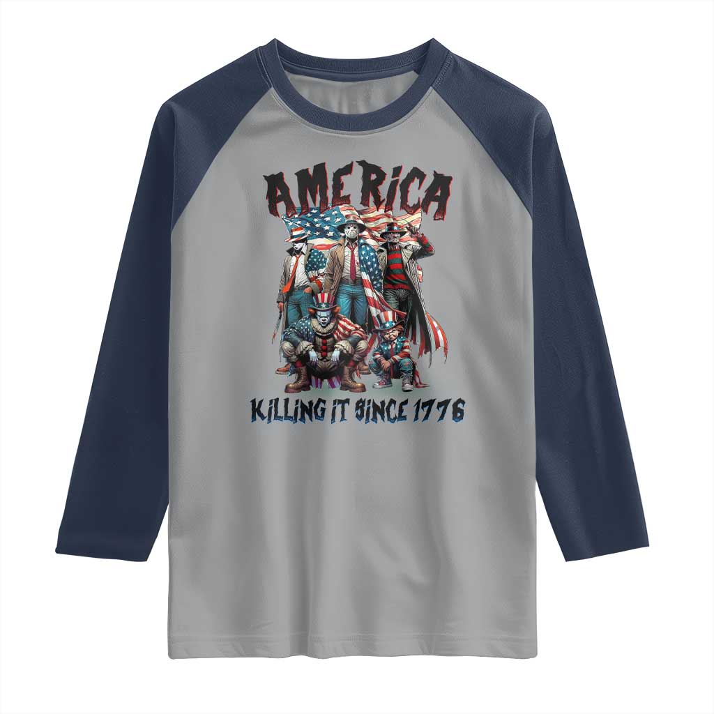 Patriotic Horror Mashup Raglan Shirt America Killing It Since 1776 TS02 Sport Gray Navy Print Your Wear