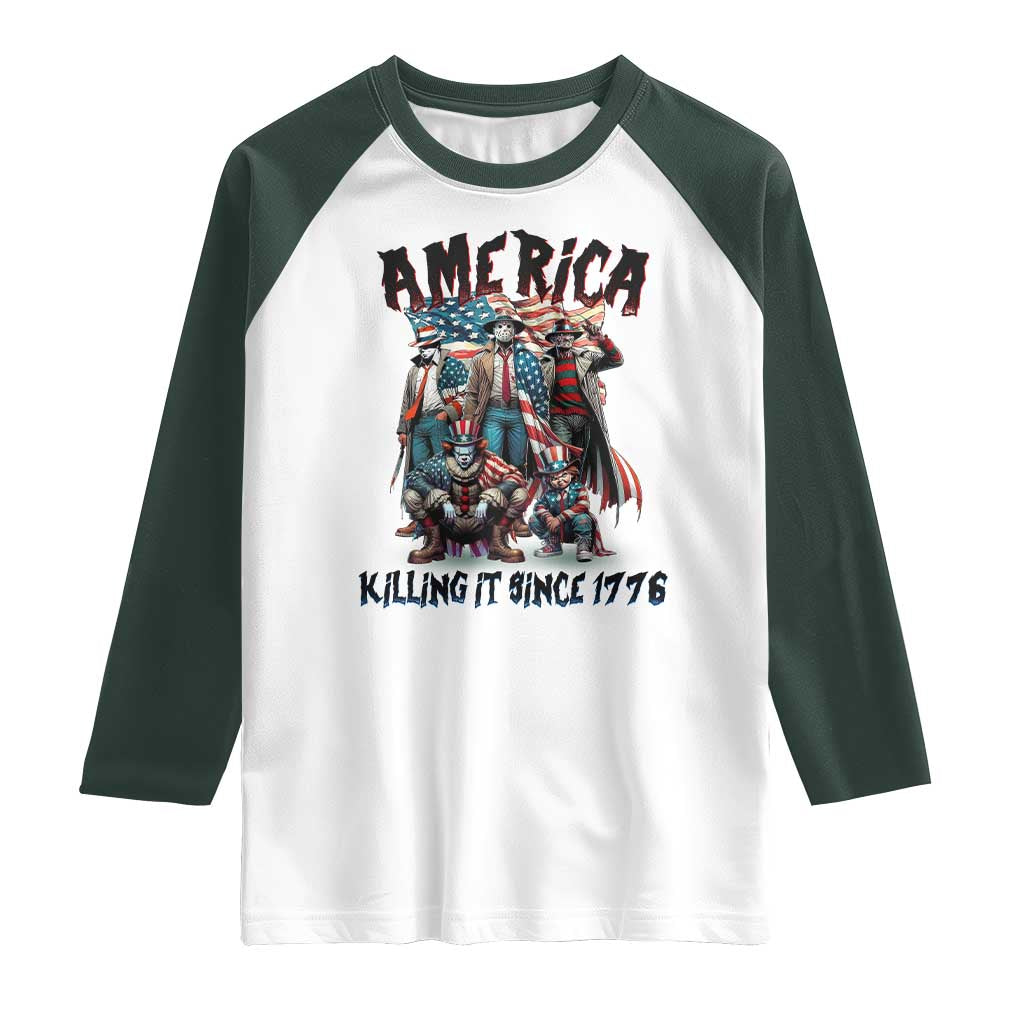 Patriotic Horror Mashup Raglan Shirt America Killing It Since 1776 TS02 White Dark Forest Green Print Your Wear
