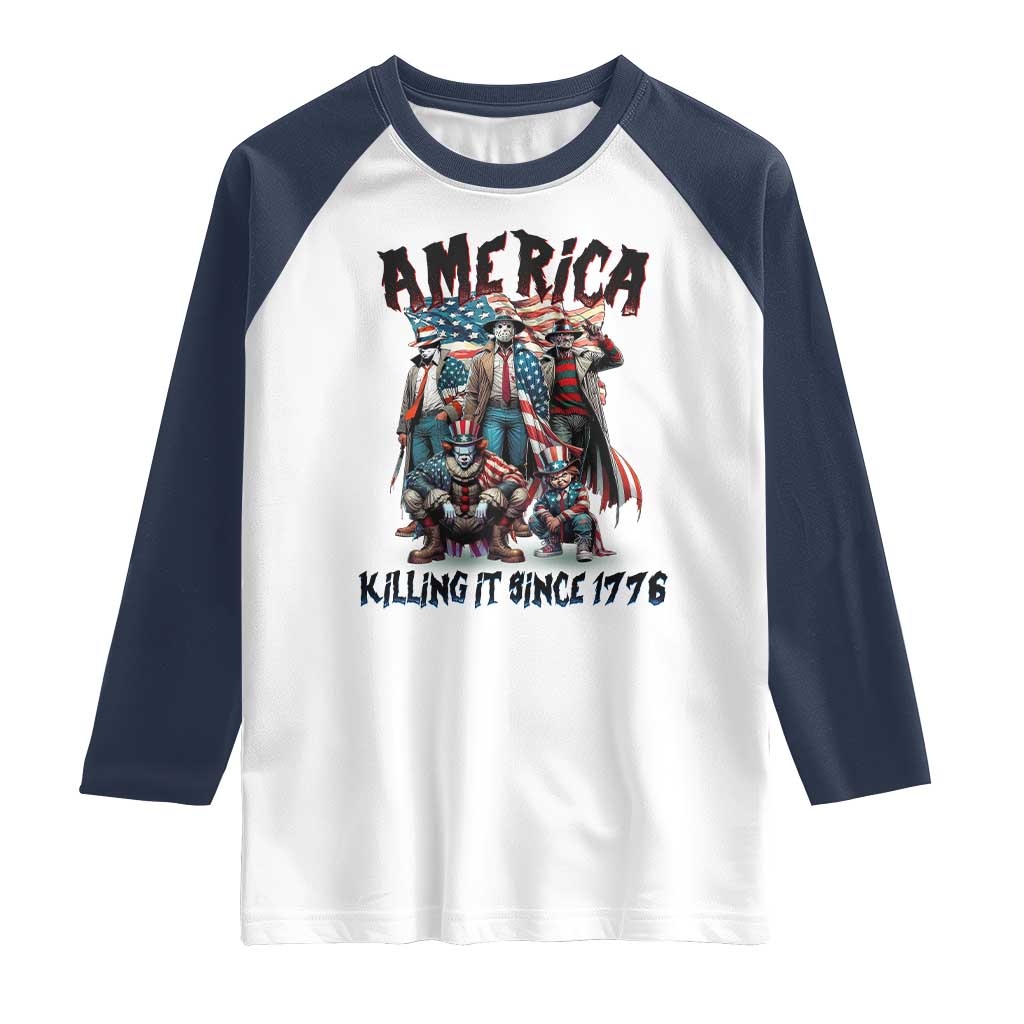Patriotic Horror Mashup Raglan Shirt America Killing It Since 1776 TS02 White Navy Print Your Wear