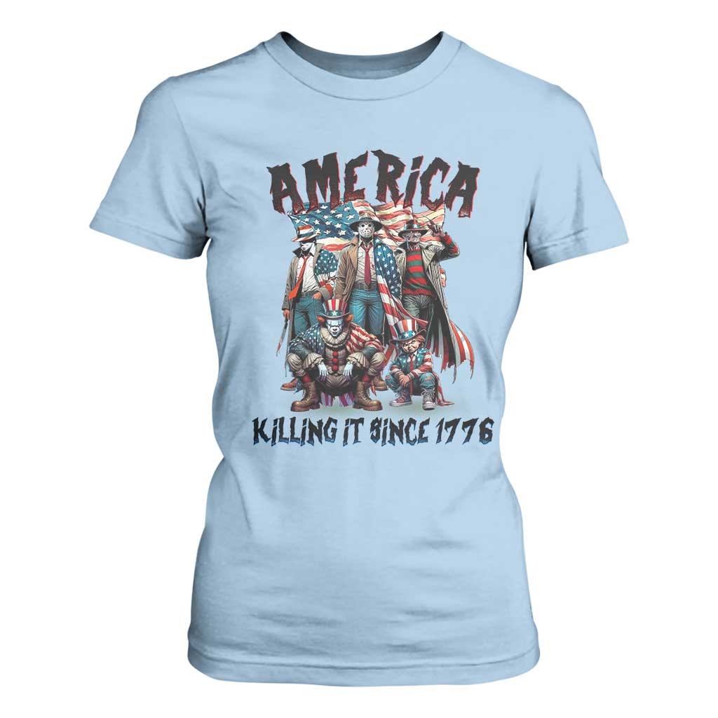 Patriotic Horror Mashup T Shirt For Women America Killing It Since 1776 TS02 Light Blue Print Your Wear