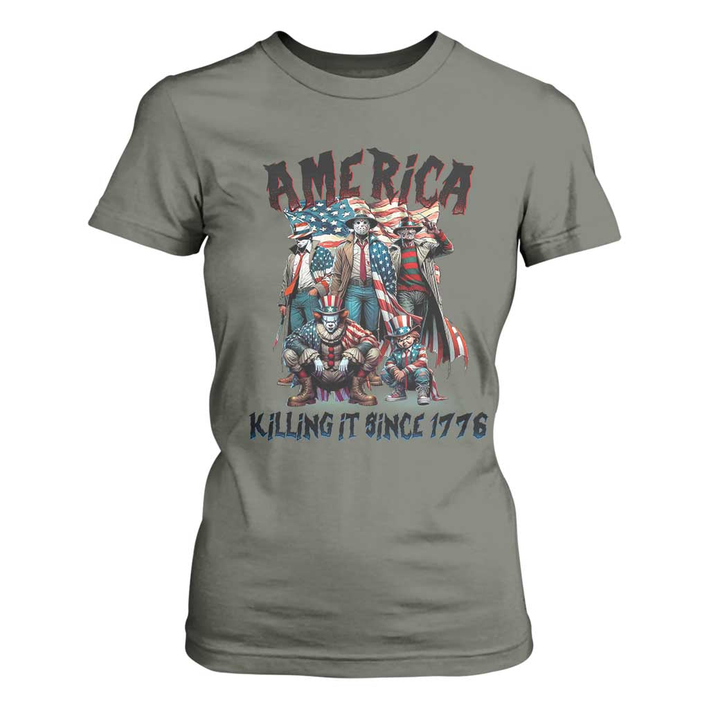 Patriotic Horror Mashup T Shirt For Women America Killing It Since 1776 TS02 Military Green Print Your Wear