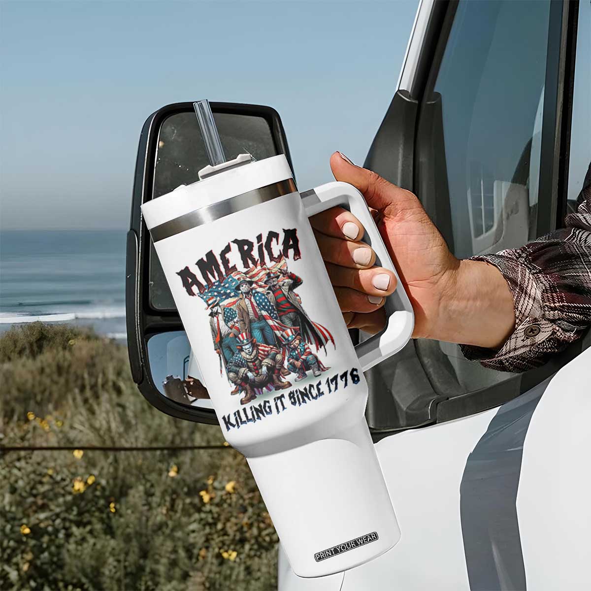 Patriotic Horror Mashup Tumbler With Handle America Killing It Since 1776 TS02 Print Your Wear